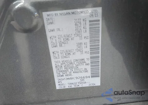 2015 Nissan Rogue Sv z USA, uszkodzony, nr VIN 5N1AT2MV8FC926694